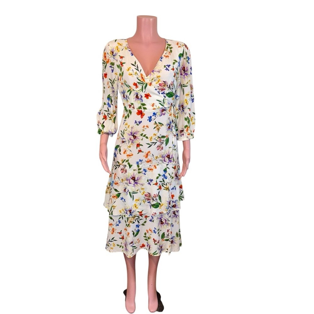 La Roque Faux Wrap Midi Dress Sz MD Silk Blend Floral Print Puff Sleeve Feminine